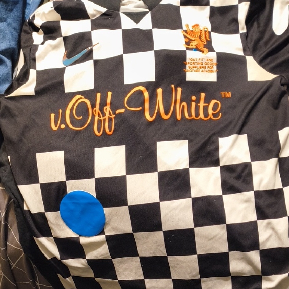 Off-White Black and White Checkered Top with Orange and Blue Accents